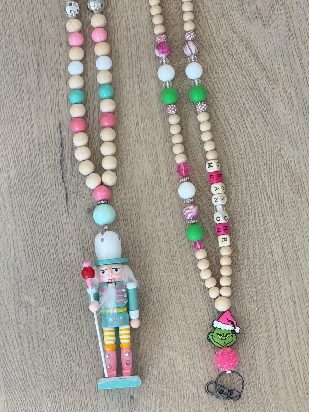 Wooden Nutcracker Bead Necklace AND Grinch Badge Necklace